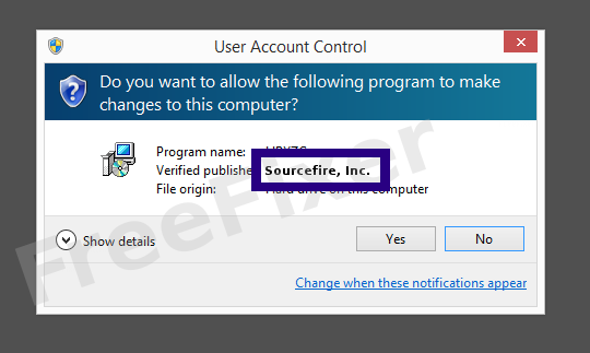 Screenshot where Sourcefire, Inc. appears as the verified publisher in the UAC dialog